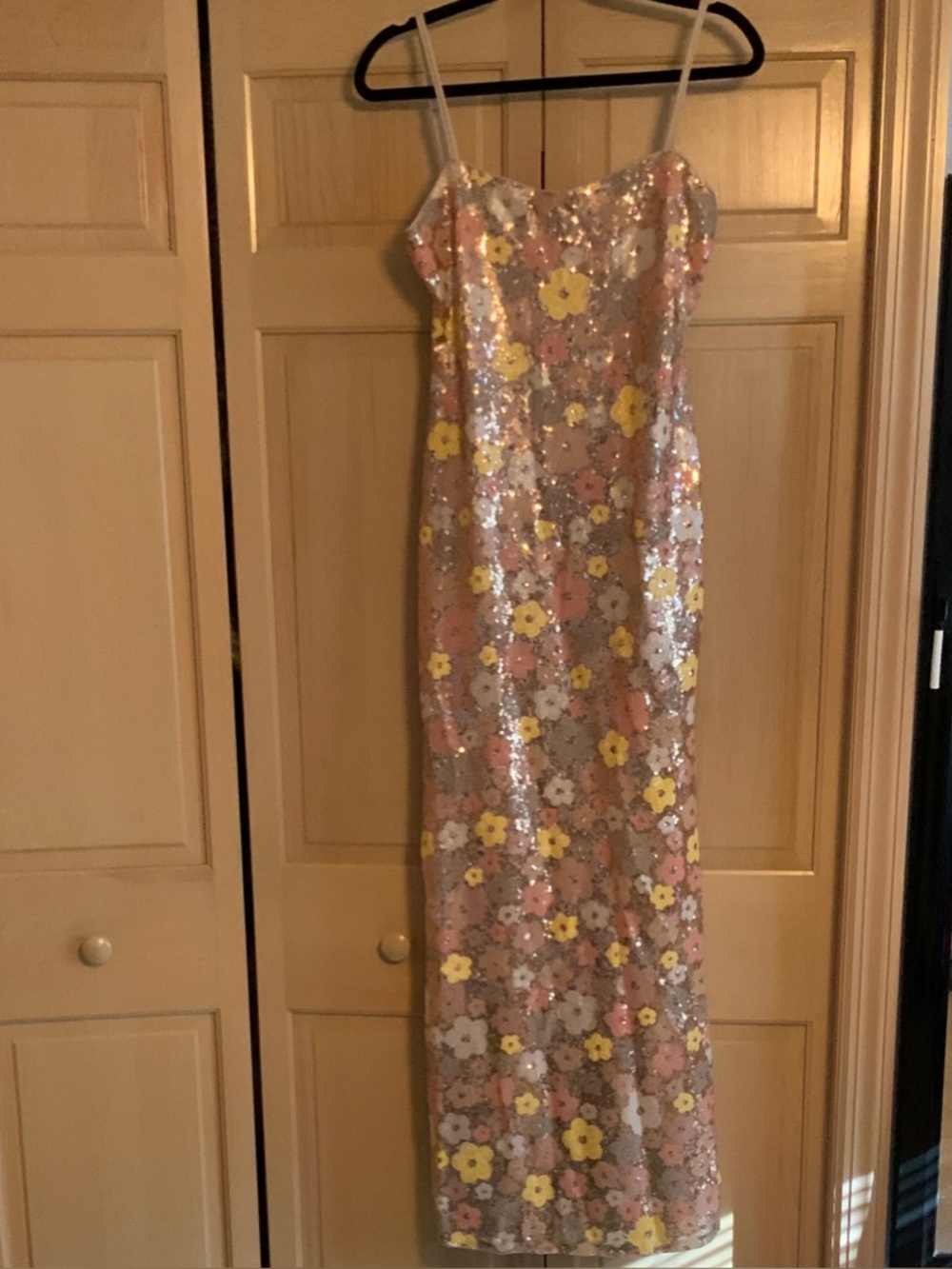 SHEIN Pink Sequin Floral Maxi Dress with Yellow Accent